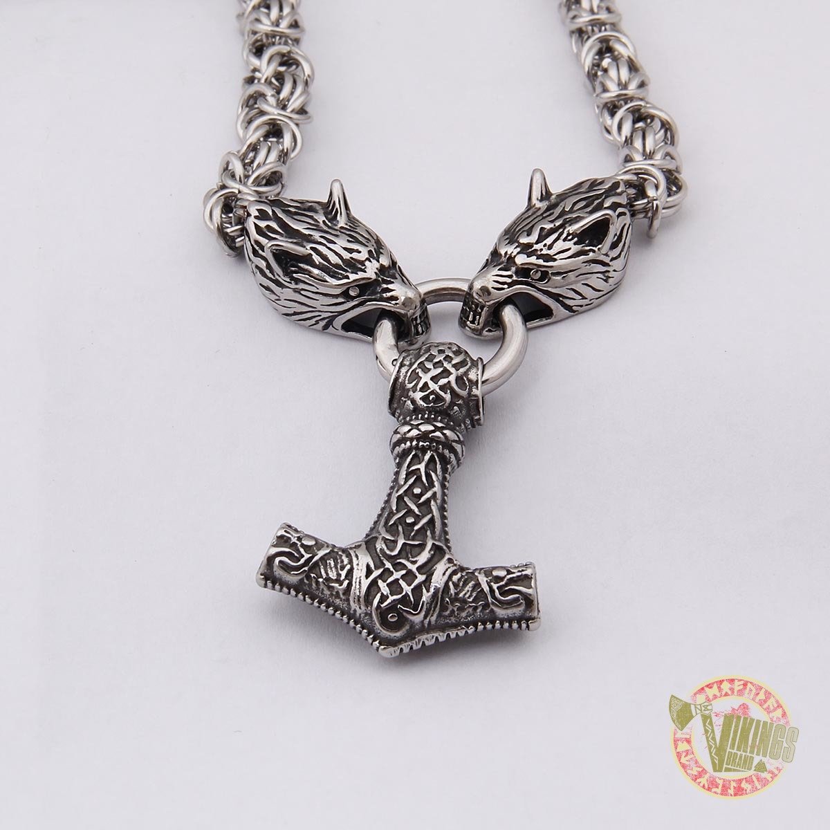 Viking Wolf Head Necklace with 925 Sterling Silver Thor's Hammer - VikingsBrand