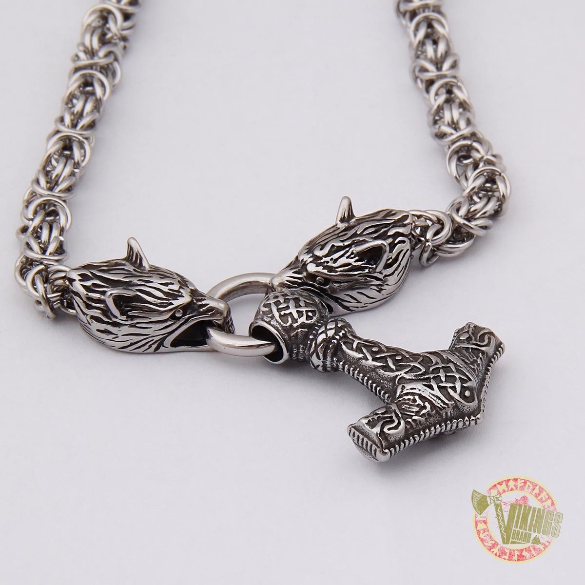 Viking Wolf Head Necklace with 925 Sterling Silver Thor's Hammer - VikingsBrand