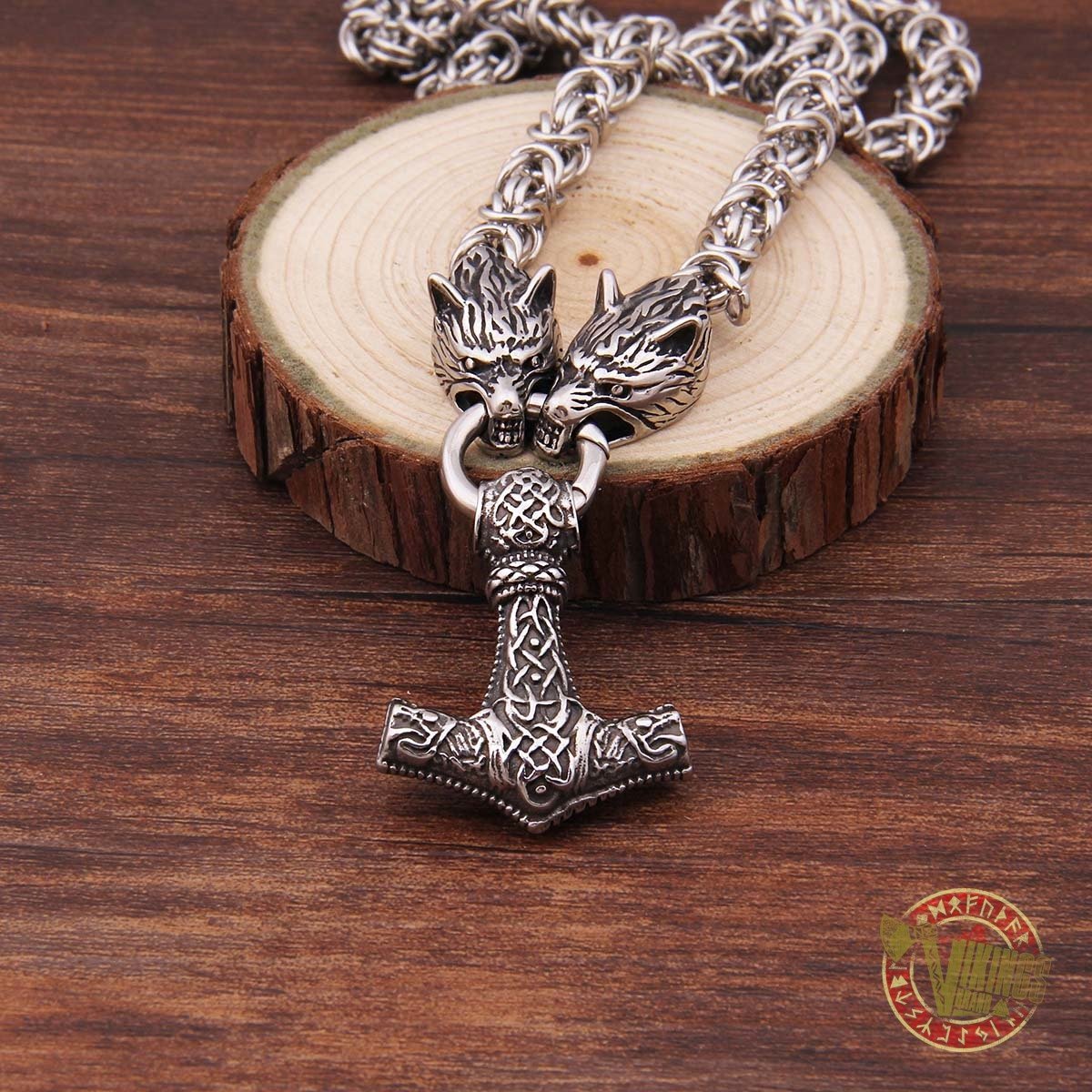Viking Wolf Head Necklace with 925 Sterling Silver Thor's Hammer - VikingsBrand