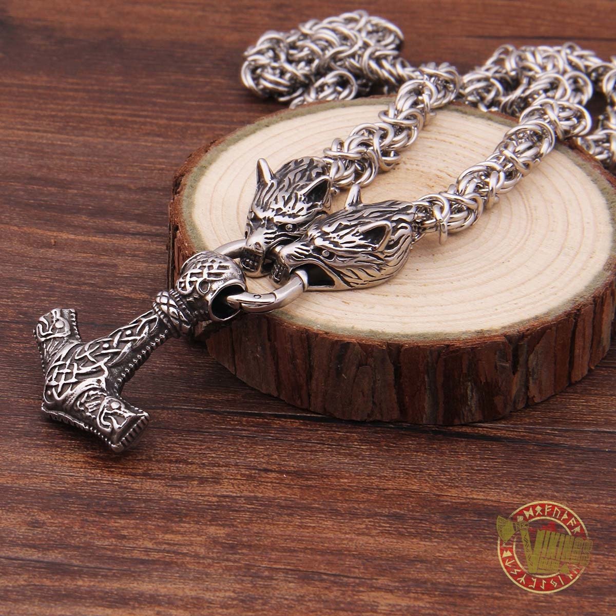 Viking Wolf Head Necklace with 925 Sterling Silver Thor's Hammer - VikingsBrand