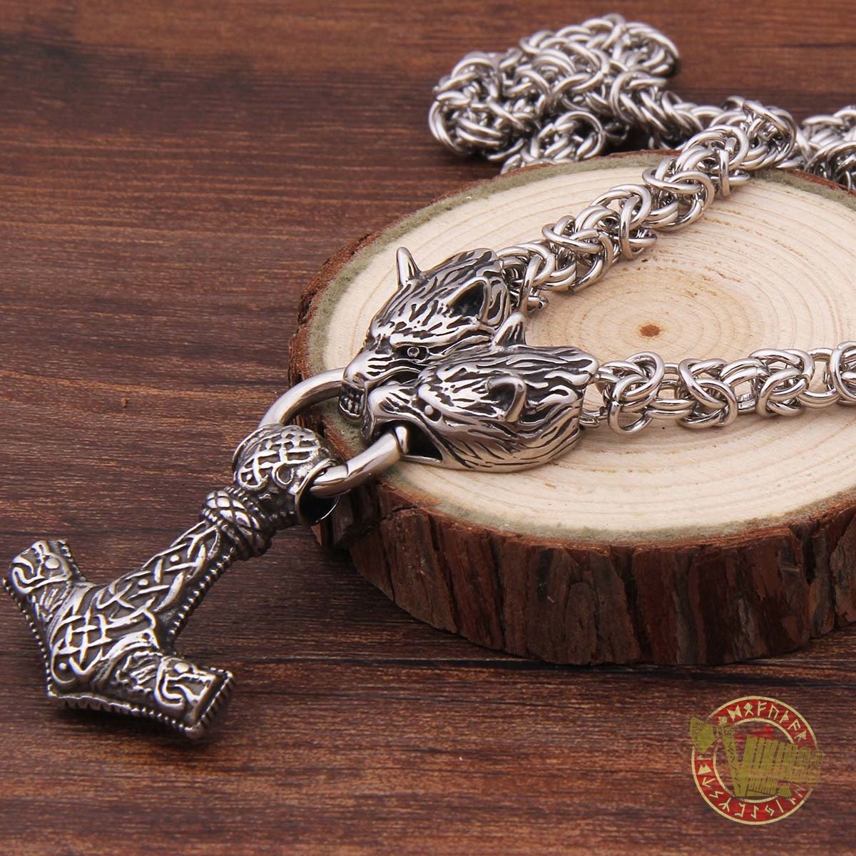 Viking Wolf Head Necklace with 925 Sterling Silver Thor's Hammer - VikingsBrand