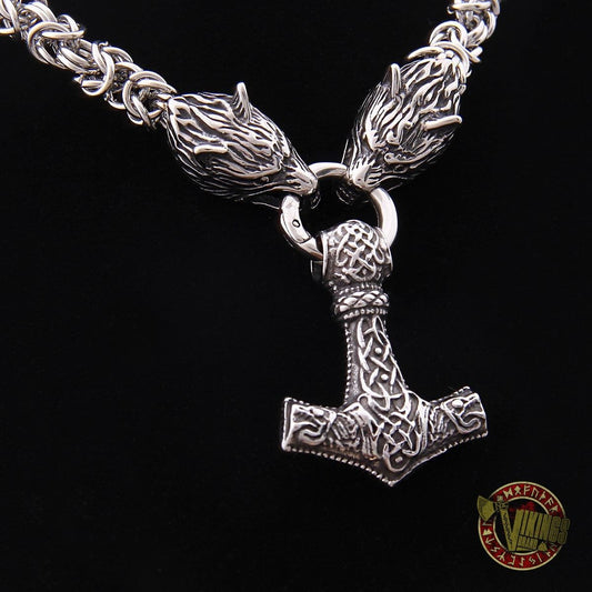 Viking Wolf Head Necklace with 925 Sterling Silver Thor's Hammer - VikingsBrand