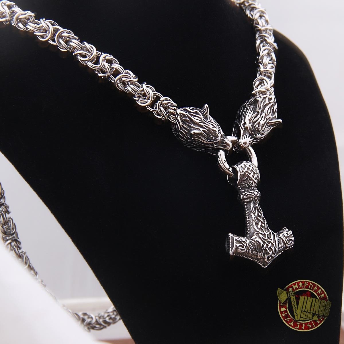 Viking Wolf Head Necklace with 925 Sterling Silver Thor's Hammer - VikingsBrand