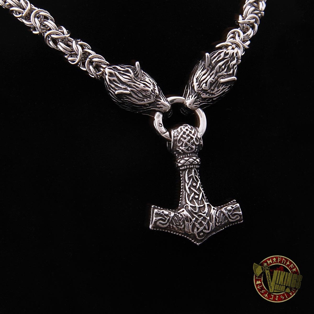 Viking Wolf Head Necklace with 925 Sterling Silver Thor's Hammer - VikingsBrand