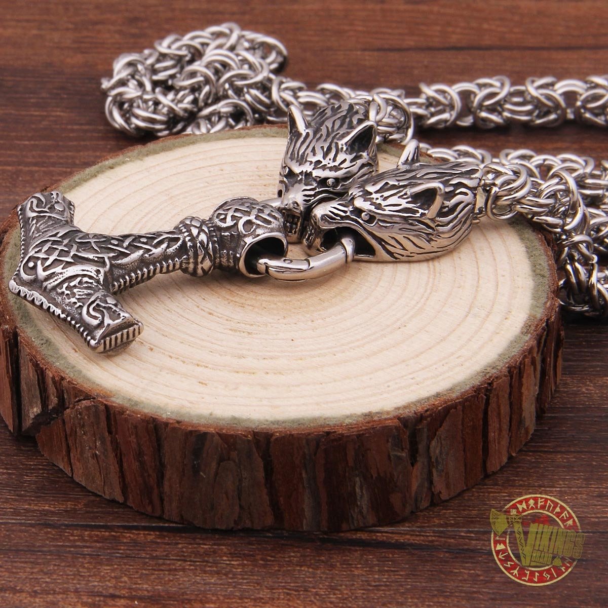 Viking Wolf Head Necklace with 925 Sterling Silver Thor's Hammer - VikingsBrand