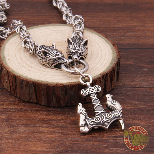Viking Wolf Head Necklace with 925 Sterling Silver Wolf & Raven Mjolnir - VikingsBrand