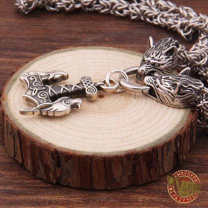 Viking Wolf Head Necklace with 925 Sterling Silver Wolf & Raven Mjolnir - VikingsBrand
