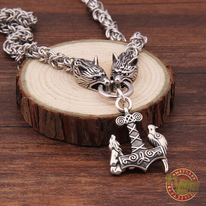Viking Wolf Head Necklace with 925 Sterling Silver Wolf & Raven Mjolnir - VikingsBrand