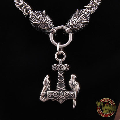 Viking Wolf Head Necklace with 925 Sterling Silver Wolf & Raven Mjolnir - VikingsBrand