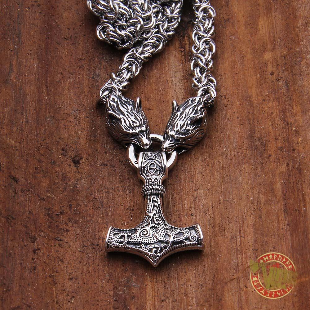 Viking Wolf Head Necklace with MASSIVE 925 Sterling Silver Mjolnir - VikingsBrand
