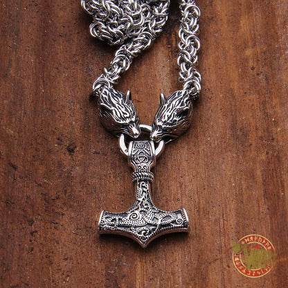 Viking Wolf Head Necklace with MASSIVE 925 Sterling Silver Mjolnir - VikingsBrand