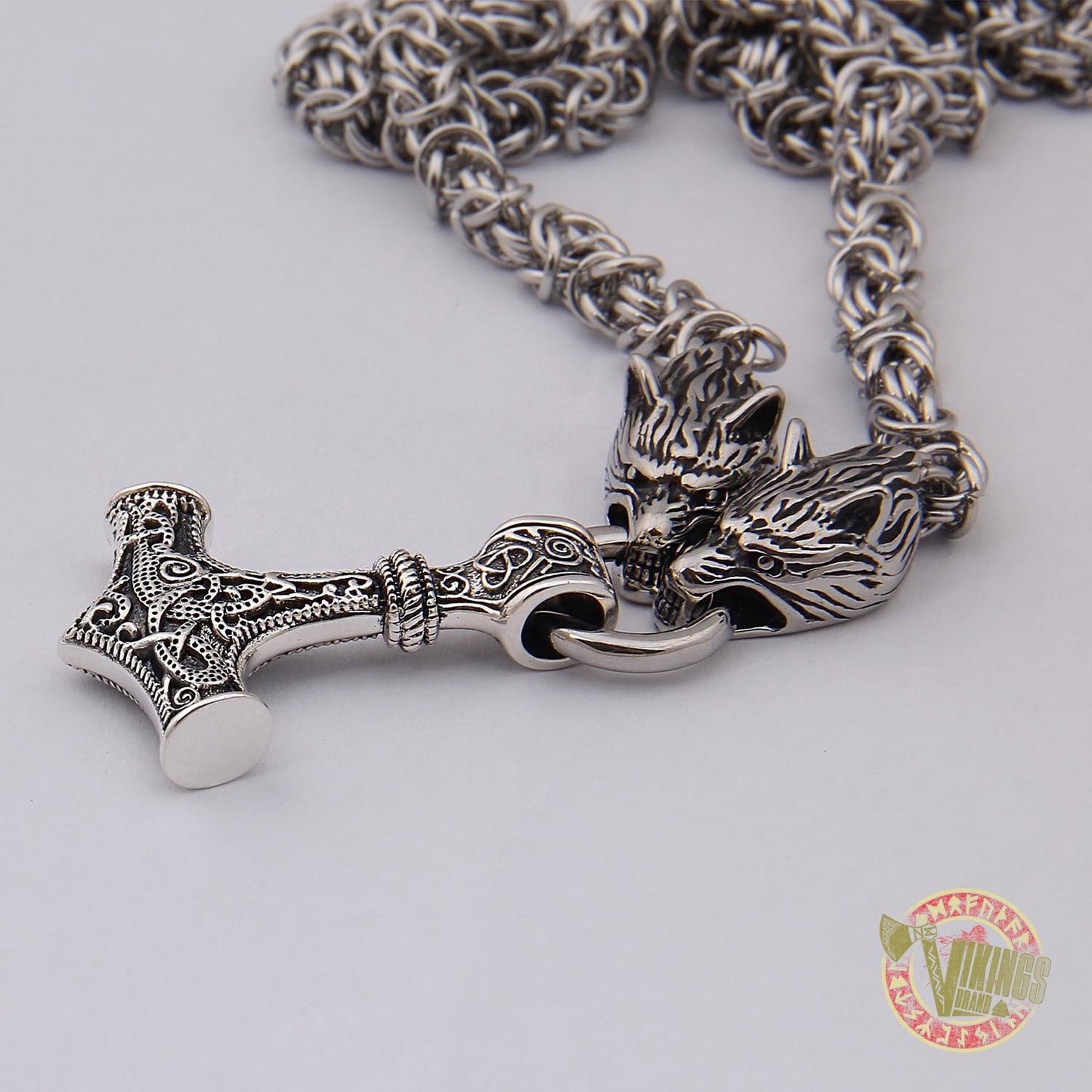 Viking Wolf Head Necklace with MASSIVE 925 Sterling Silver Mjolnir - VikingsBrand