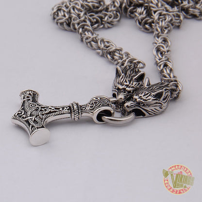 Viking Wolf Head Necklace with MASSIVE 925 Sterling Silver Mjolnir - VikingsBrand