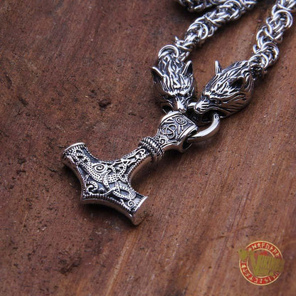 Viking Wolf Head Necklace with MASSIVE 925 Sterling Silver Mjolnir - VikingsBrand