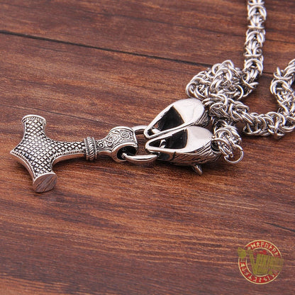Viking Wolf Head Necklace with MASSIVE 925 Sterling Silver Mjolnir - VikingsBrand