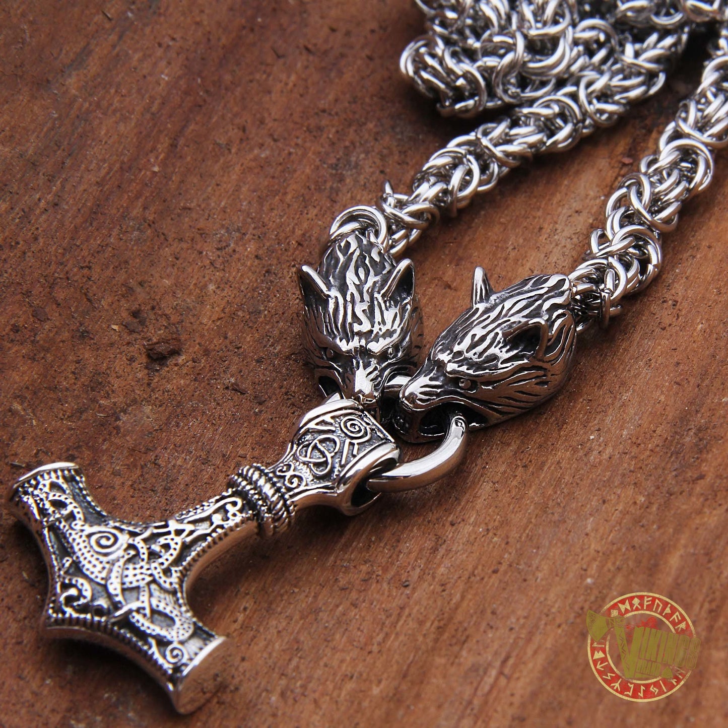 Viking Wolf Head Necklace with MASSIVE 925 Sterling Silver Mjolnir - VikingsBrand