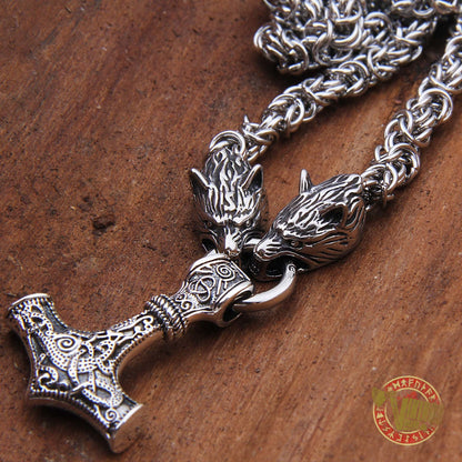 Viking Wolf Head Necklace with MASSIVE 925 Sterling Silver Mjolnir - VikingsBrand