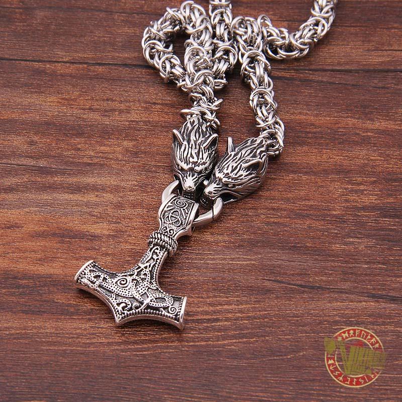 Viking Wolf Head Necklace with MASSIVE 925 Sterling Silver Mjolnir - VikingsBrand