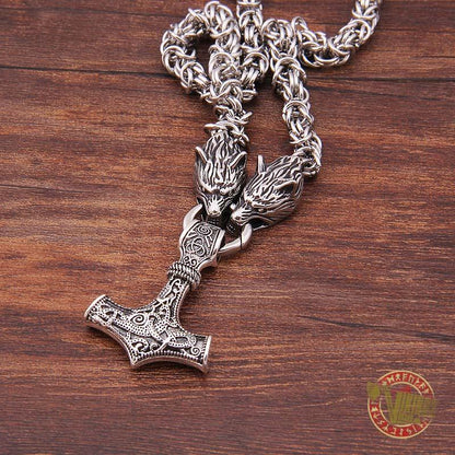 Viking Wolf Head Necklace with MASSIVE 925 Sterling Silver Mjolnir - VikingsBrand