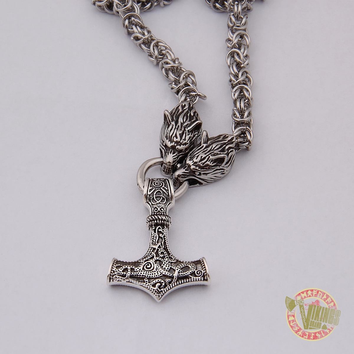 Viking Wolf Head Necklace with MASSIVE 925 Sterling Silver Mjolnir - VikingsBrand