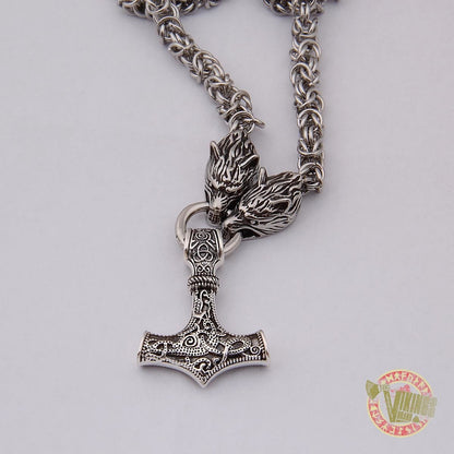 Viking Wolf Head Necklace with MASSIVE 925 Sterling Silver Mjolnir - VikingsBrand