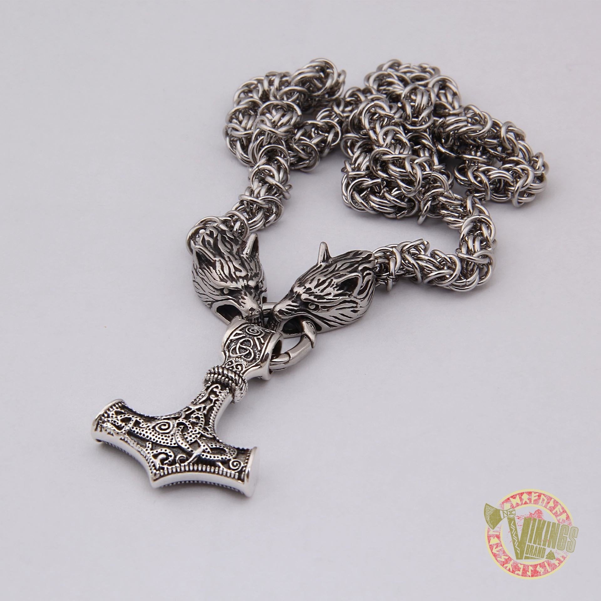 Viking Wolf Head Necklace with MASSIVE 925 Sterling Silver Mjolnir - VikingsBrand
