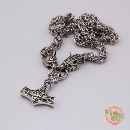 Viking Wolf Head Necklace with MASSIVE 925 Sterling Silver Mjolnir - VikingsBrand