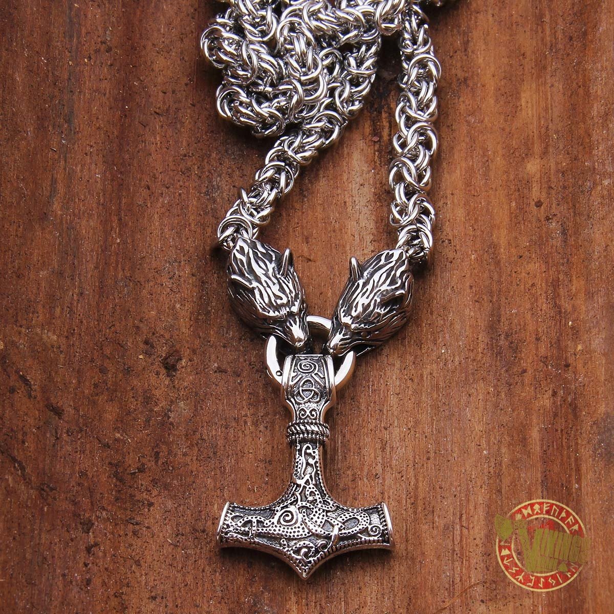 Viking Wolf Head Necklace with MASSIVE 925 Sterling Silver Mjolnir - VikingsBrand