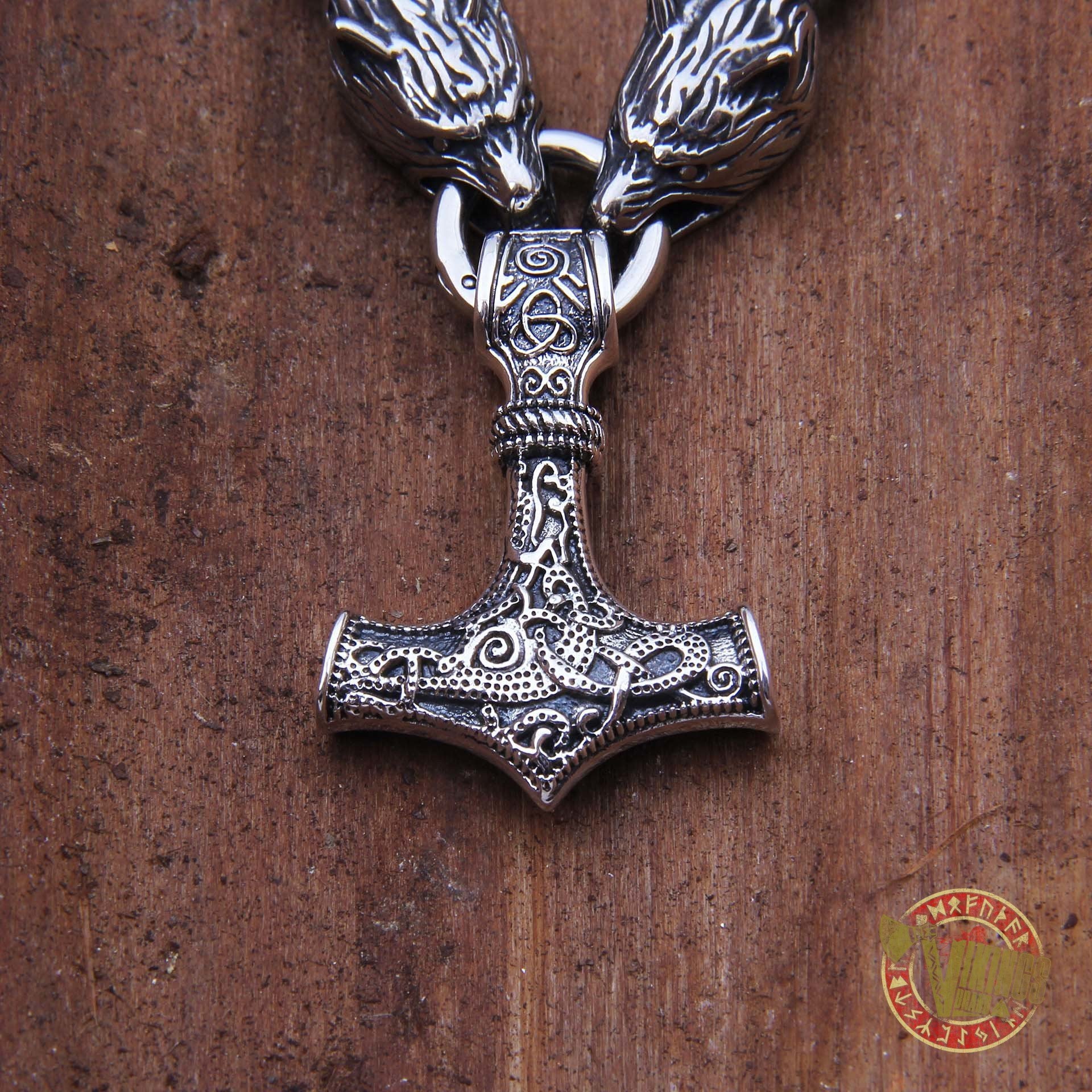Viking Wolf Head Necklace with MASSIVE 925 Sterling Silver Mjolnir - VikingsBrand