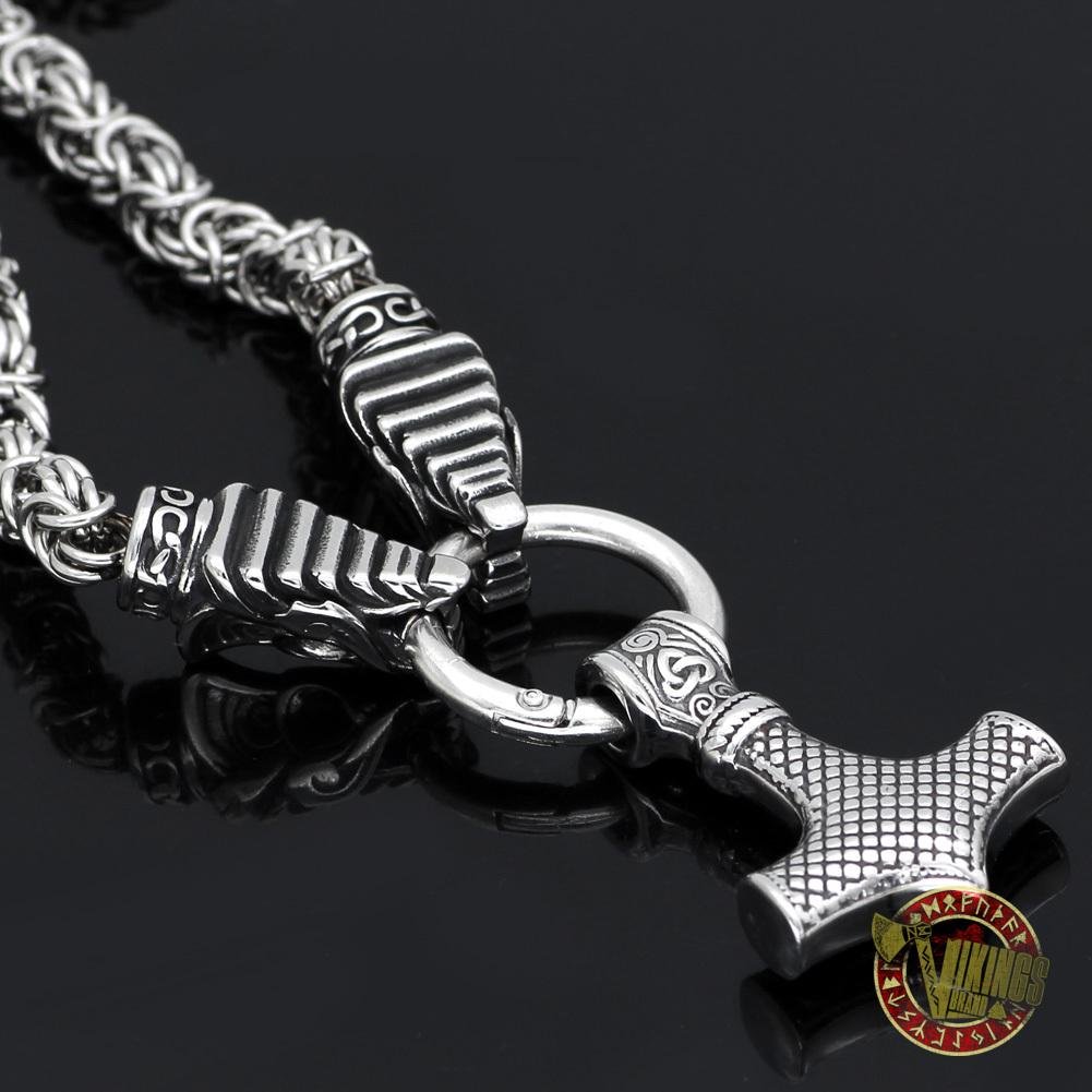 Viking Wolf Head Necklace with Mjolnir