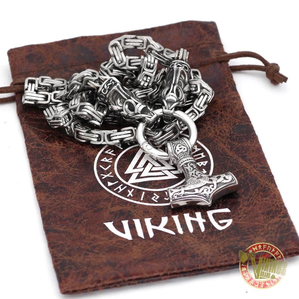 Viking Wolf Head Necklace with Mjolnir