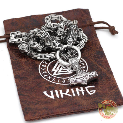 Viking Wolf Head Necklace with Mjolnir