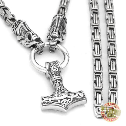 Viking Wolf Head Necklace with Mjolnir
