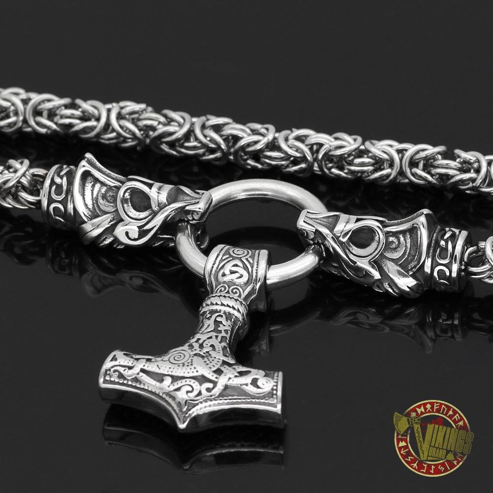 Viking Wolf Head Necklace with Mjolnir