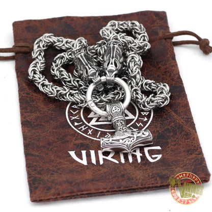 Viking Wolf Head Necklace with Mjolnir