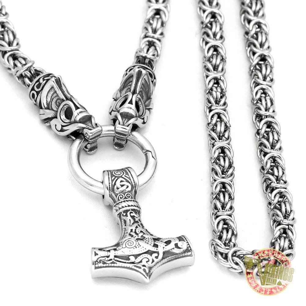Viking Wolf Head Necklace with Mjolnir