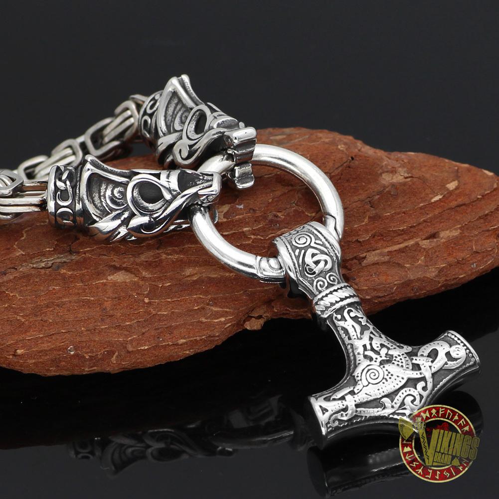 Viking Wolf Head Necklace with Mjolnir
