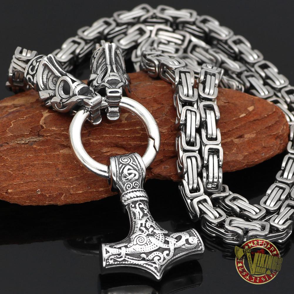 Viking Wolf Head Necklace with Mjolnir