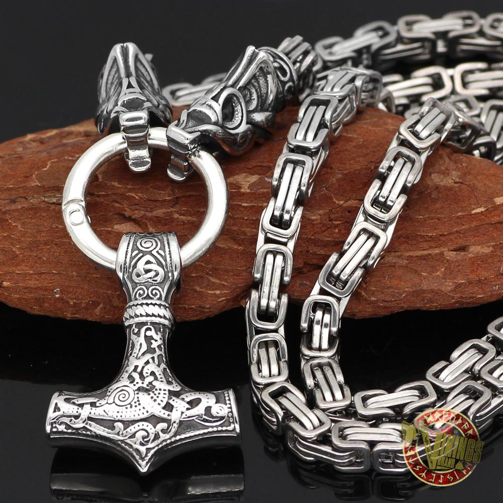 Viking Wolf Head Necklace with Mjolnir
