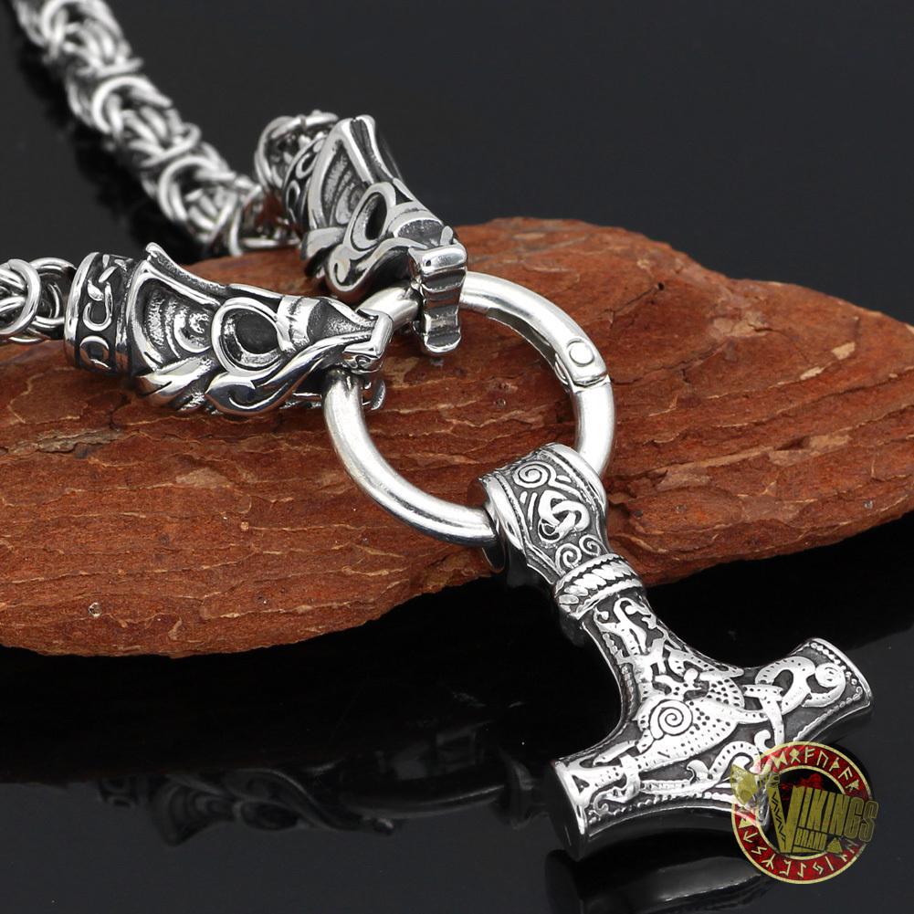 Viking Wolf Head Necklace with Mjolnir
