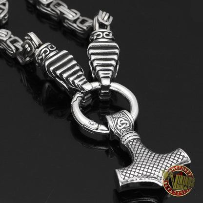 Viking Wolf Head Necklace with Mjolnir