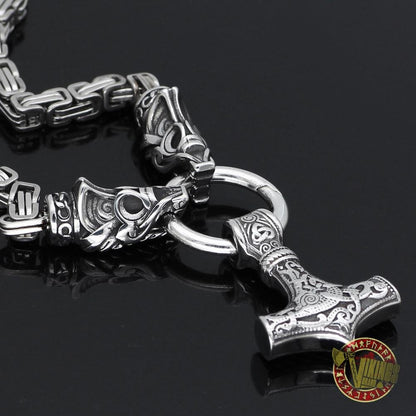 Viking Wolf Head Necklace with Mjolnir