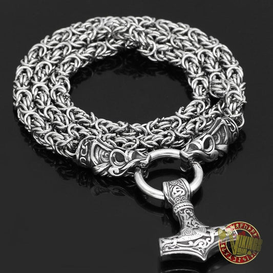 Viking Wolf Head Necklace with Mjolnir