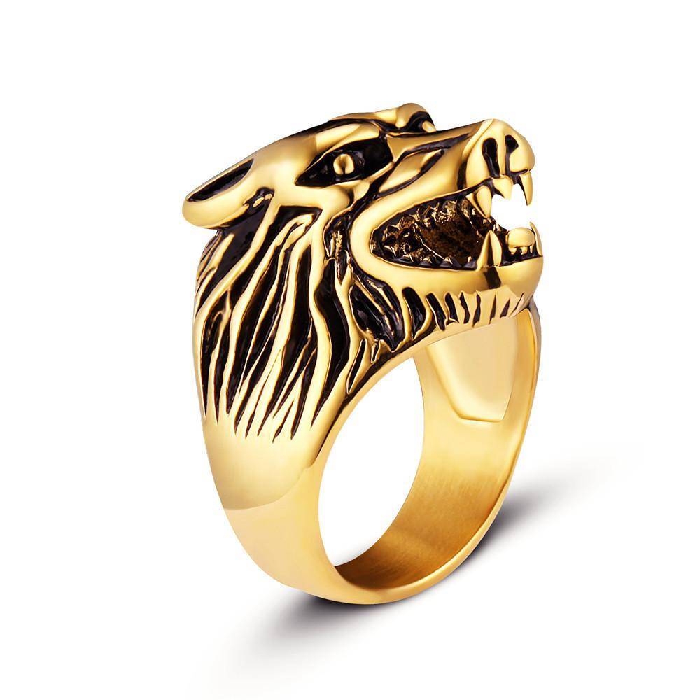 Gold-tone Viking wolf head ring