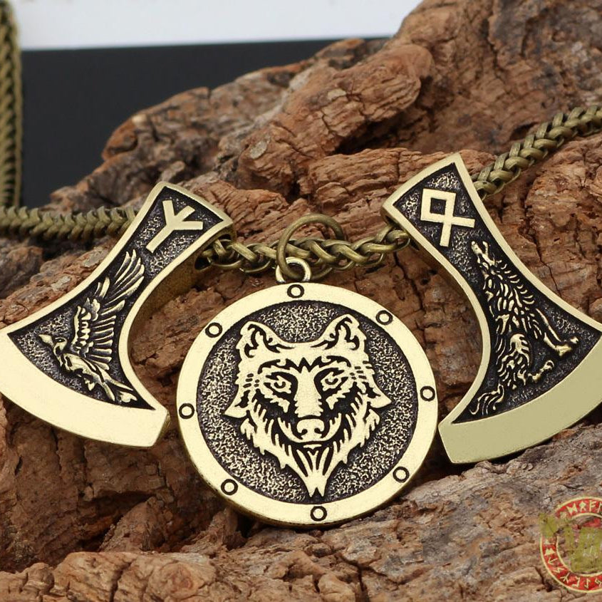 Viking Wolf & Raven Runic Necklace - VikingsBrand