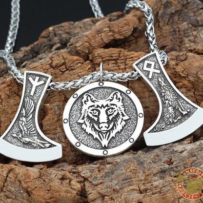 Viking Wolf & Raven Runic Necklace - VikingsBrand