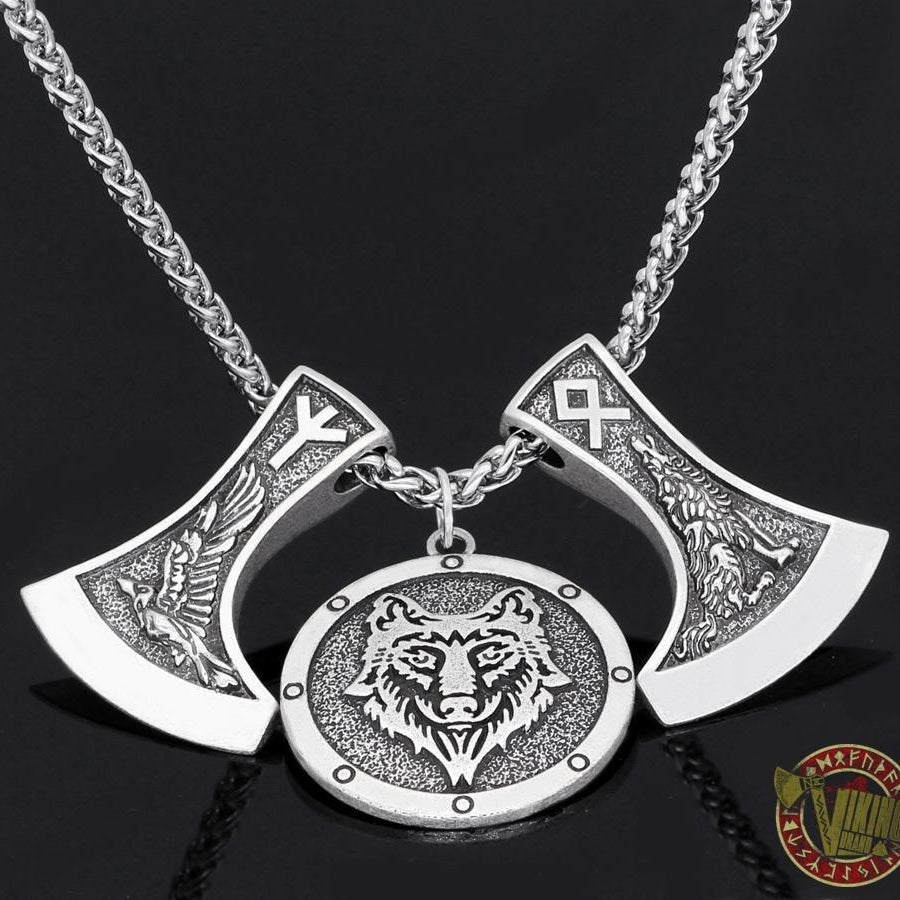 Viking Wolf & Raven Runic Necklace - VikingsBrand