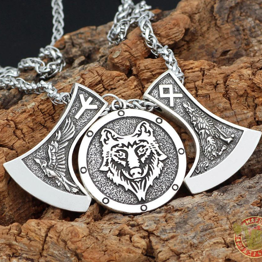 Viking Wolf & Raven Runic Necklace - VikingsBrand