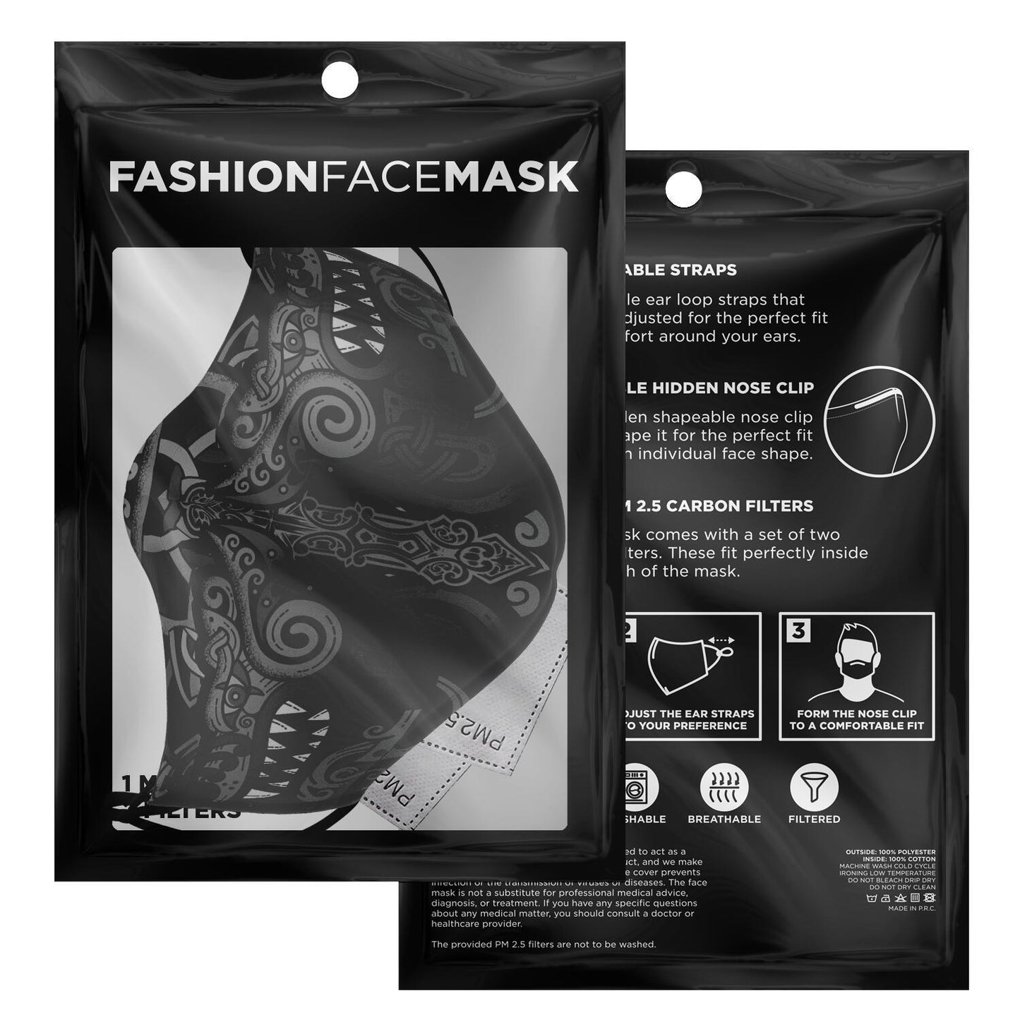 Viking Wolves Face Mask Cover B&W