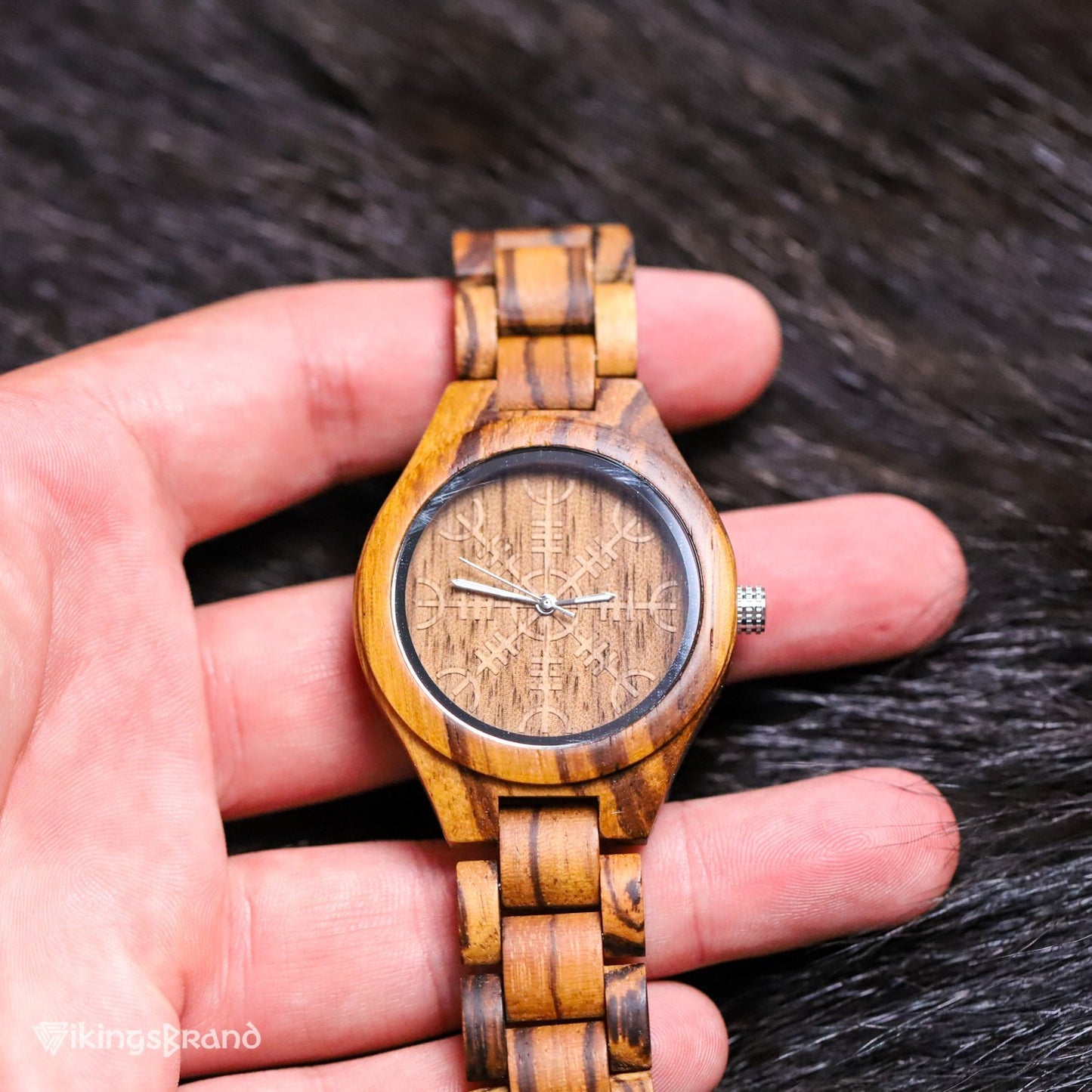 Viking Shieldmaiden Wooden Watch (for Women) with Helm of Awe Dial